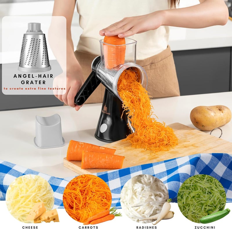 Brieftons 4-Blade Rotary Cheese Grater, Kitchen Food Cutter with Handle, Mandoline Vegetable Slicer, Nut Grinder, Hand Crank Shredder for Cheese, Vegetables, Fruits, Nuts, Easy to Use, Clean & Store - Image 4